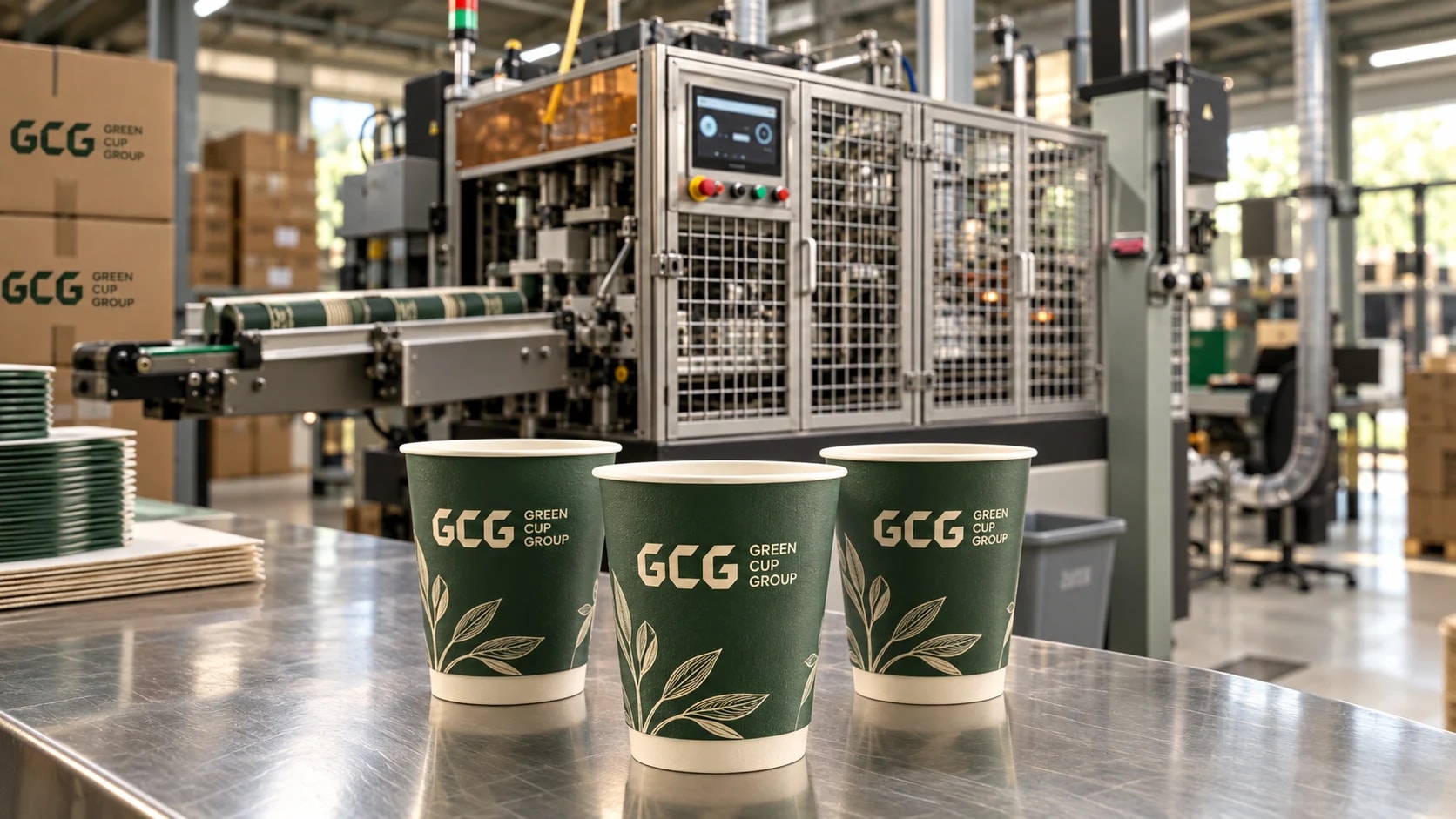 Illustration of three green GCG double-wall cups with visible ivory bases on a factory workbench, with guarded cup-forming machinery behind them.