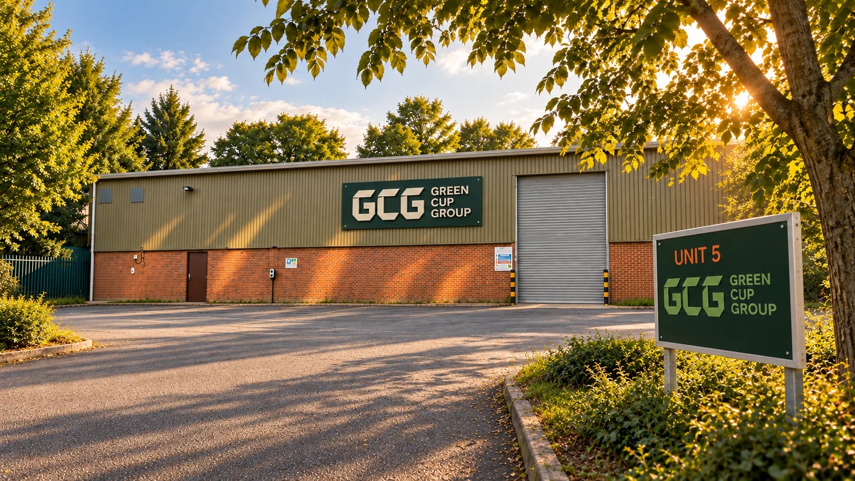 Illustration inspired by the Green Cup Group factory exterior, with GCG building signage, a closed loading shutter and a clear courtyard in warm sunlight.
