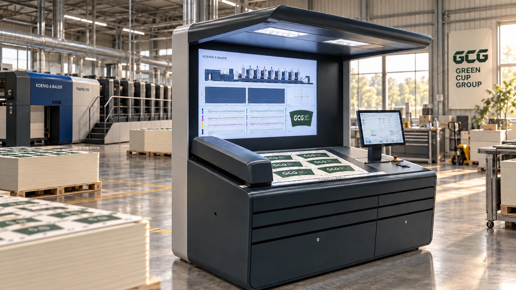 Illustration of a modern print control station with GCG cup artwork on the inspection desk and a printing press behind it.