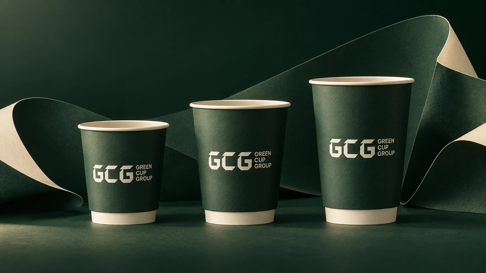 Three green GCG double-wall cups with ivory rims and white bases, framed by flowing sculpted paper.