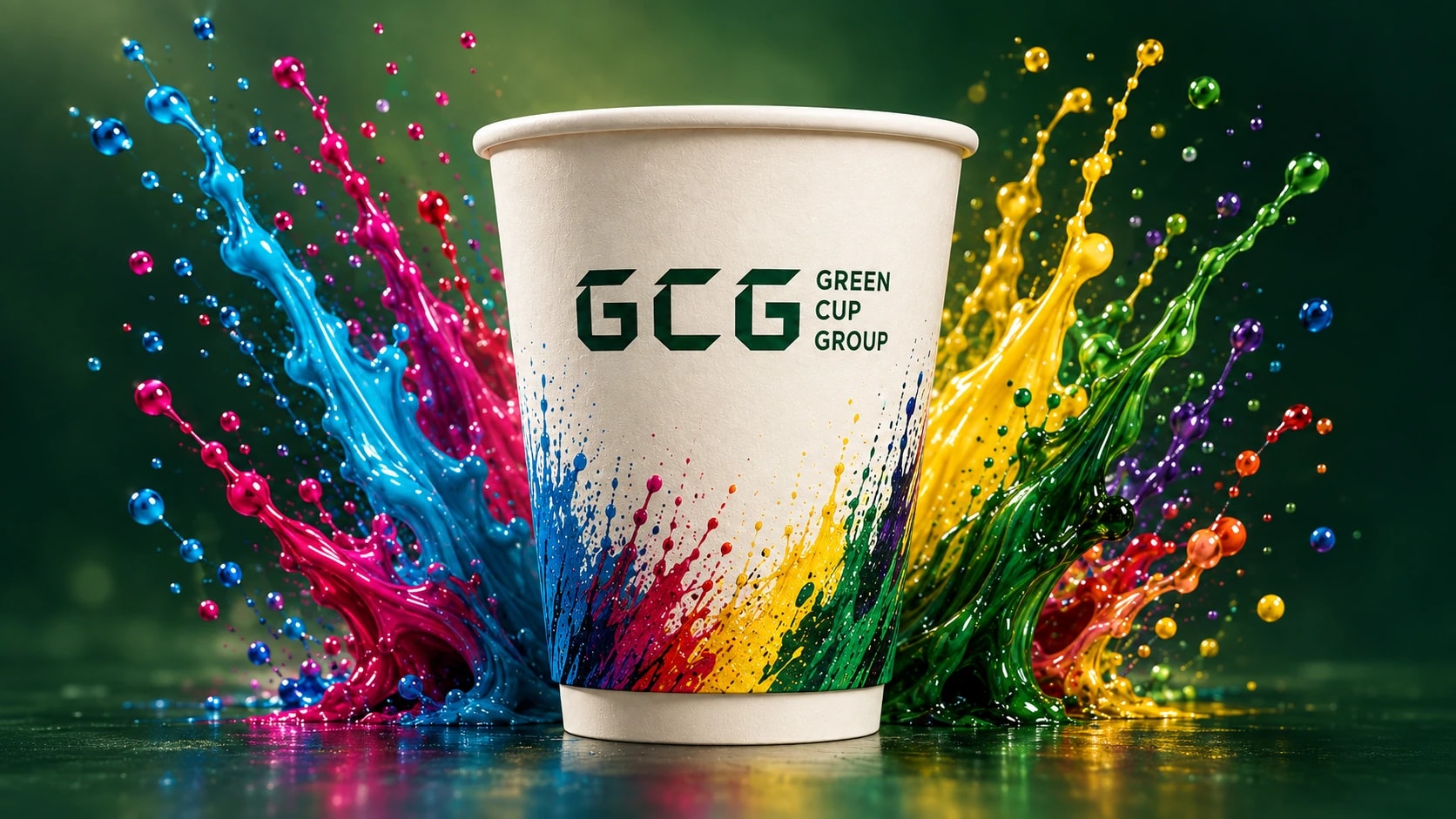 An ivory GCG double-wall cup with a clean white base, surrounded by cyan, magenta, yellow and green ink splashes on a forest-green background.