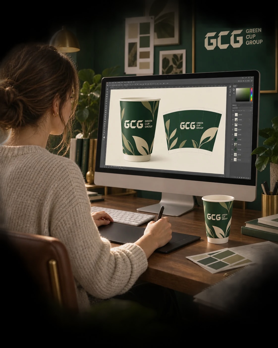 Illustrative scene of a graphic designer using a pen tablet to create GCG cup artwork on screen, with a matching double-wall cup and colour samples on a walnut desk.