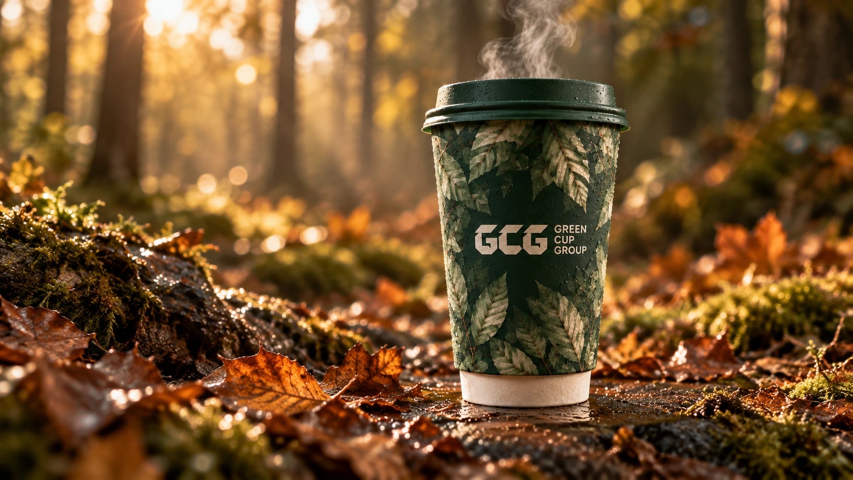 A leaf-printed green double-wall cup with the GCG logo and a white base, in warm autumn forest light.