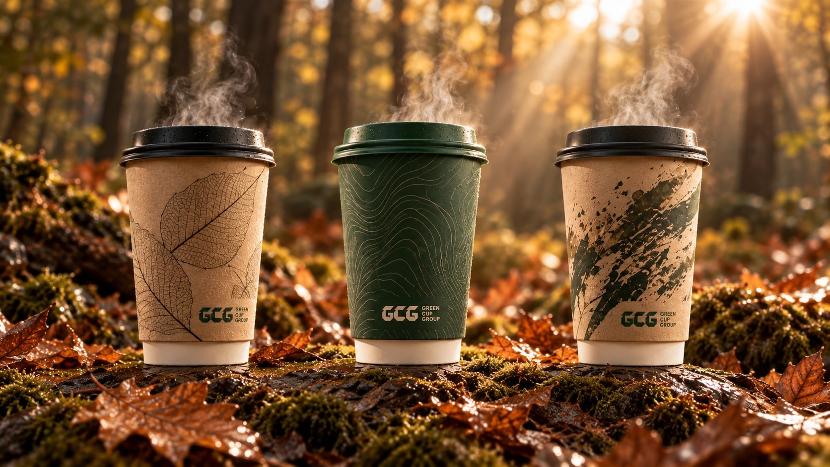 Three GCG double-wall print concepts in a sunlit forest: a fine leaf drawing, gold contour lines on green, and an olive brushstroke. Each has a visible white base.