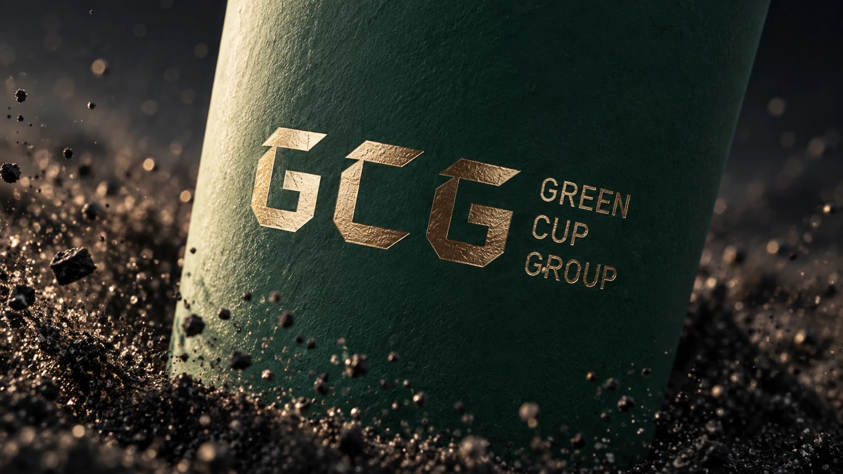 Close-up of the gold GCG logo on a dark green cup, surrounded by volcanic sand.