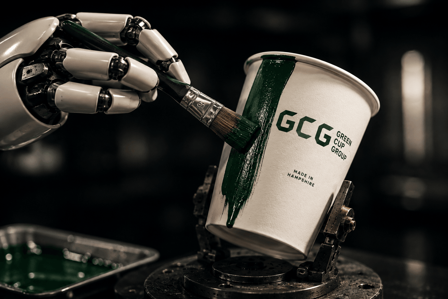Green Cup Group campaign artwork: a robotic hand paints a sweep of green onto a branded ivory paper cup.