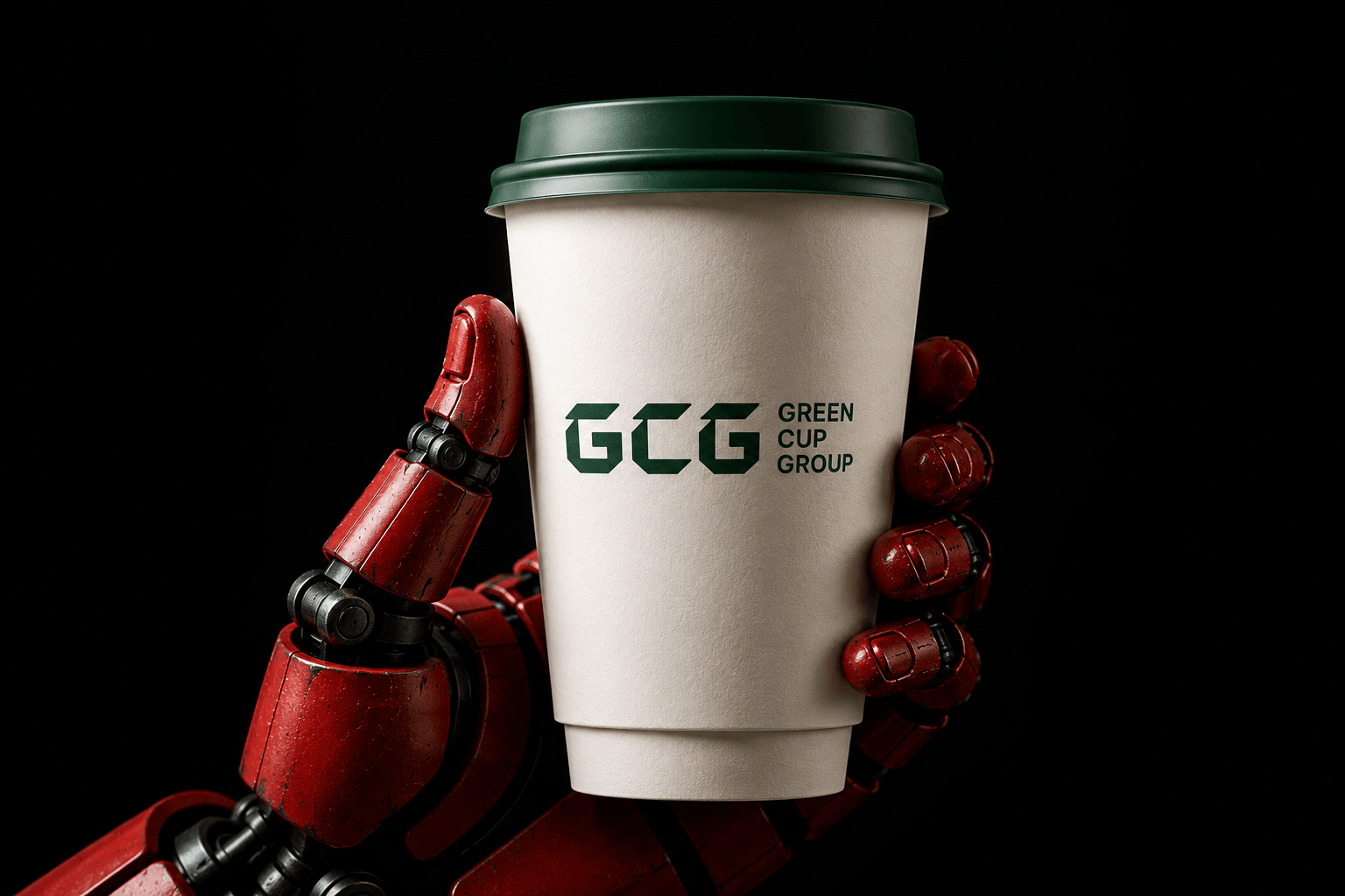 Approved Green Cup Group campaign: a red robotic hand holds an ivory branded double-wall cup.