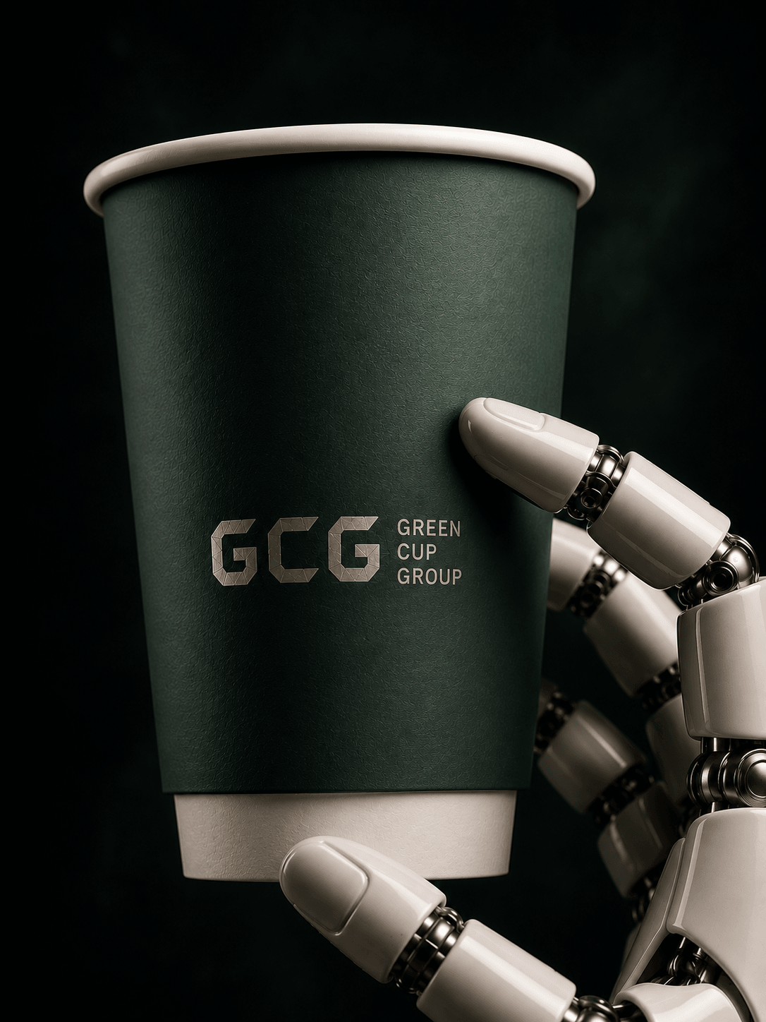 An ivory robotic hand holds a dark-green GCG cup, revealing its tactile surface and clean white base.