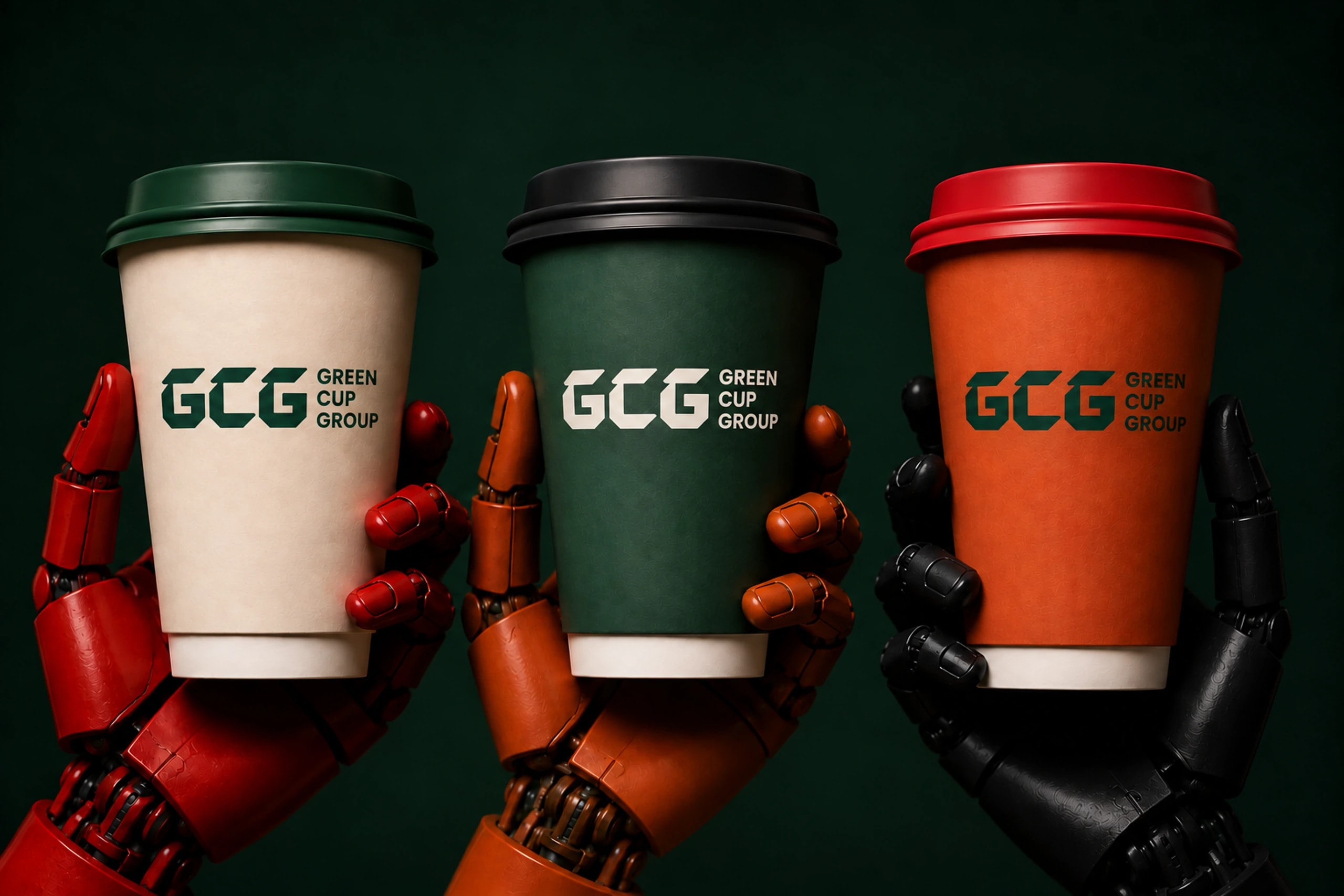 Three robotic hands holding ivory, green and orange GCG double-wall cups, with their printed logos and white bases visible.