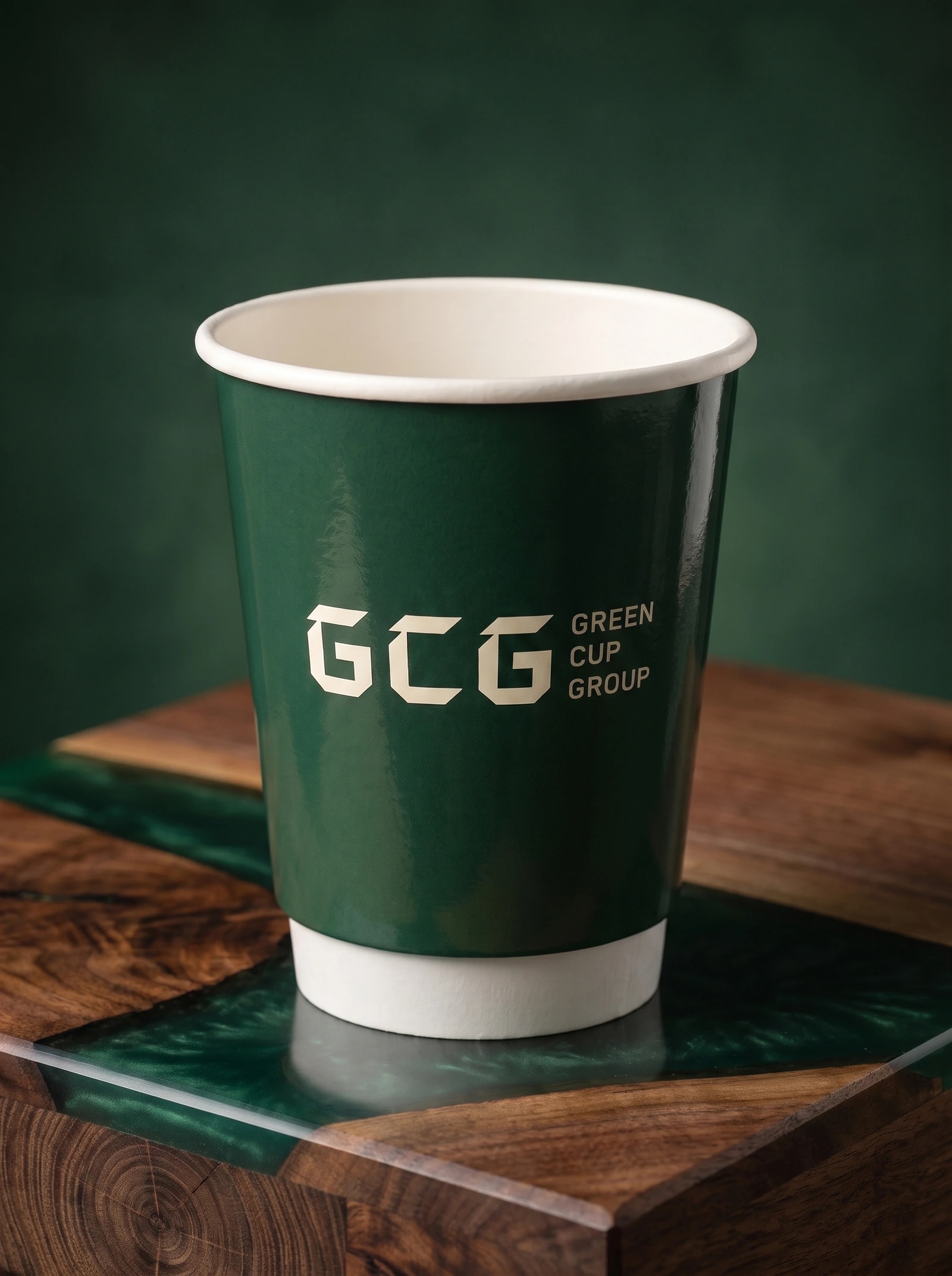Deep-green double-wall cup with a glossy printed surface catching the studio light and an unprinted white base.