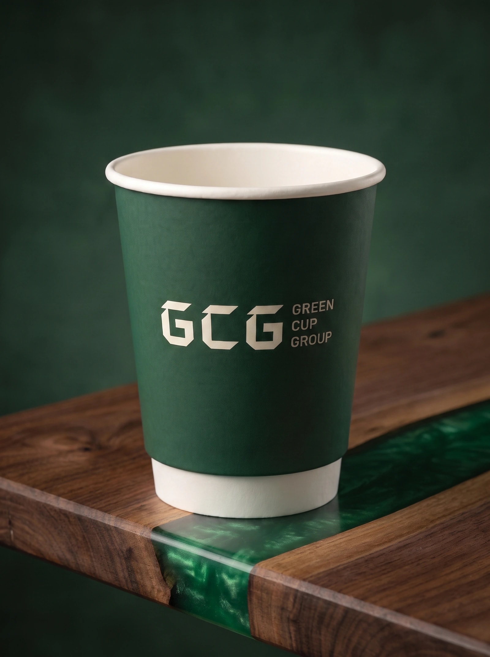 Deep-green double-wall cup showing a smooth matt soft-touch finish and an unprinted tapered white base.