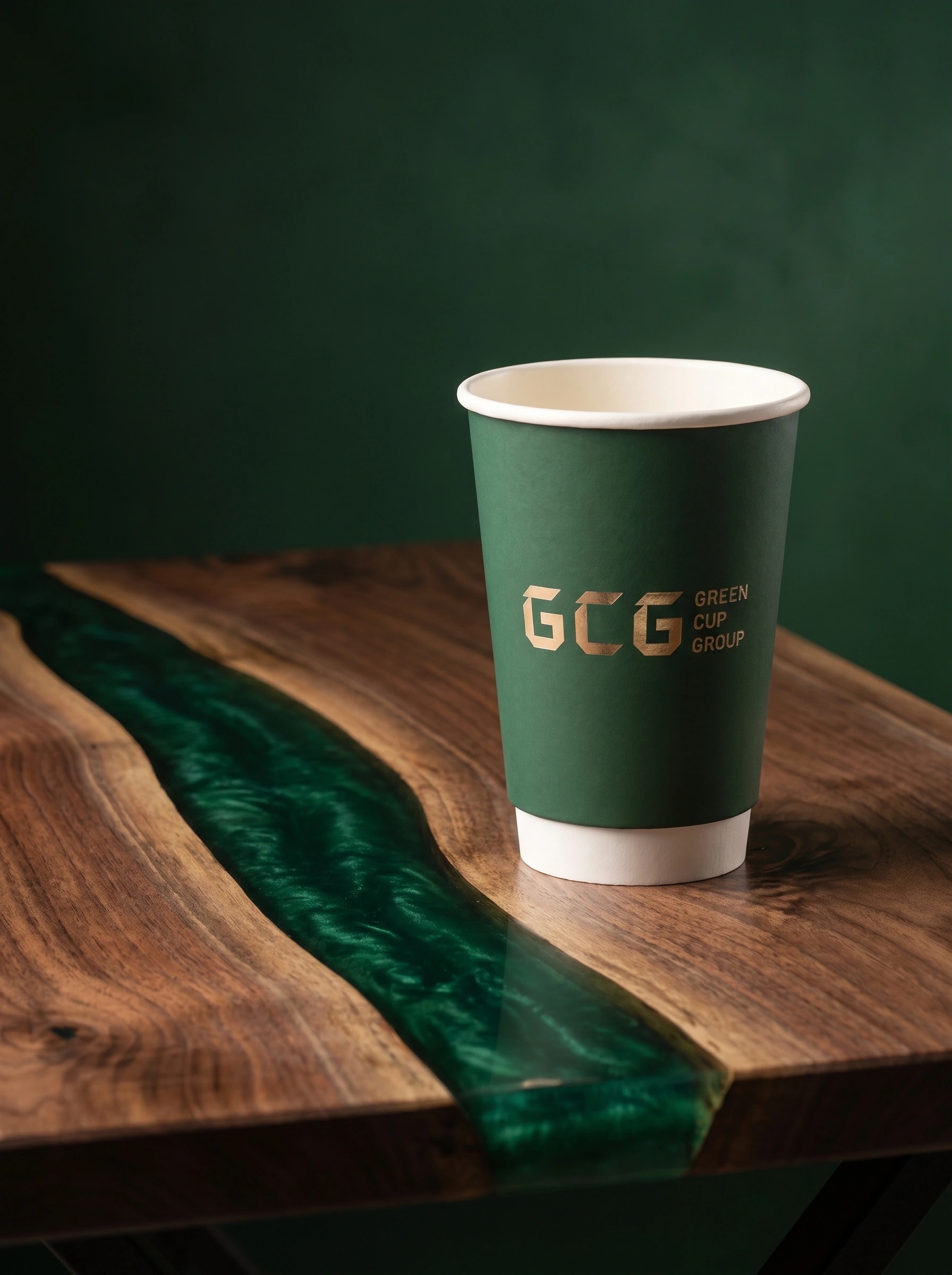 Brand illustration: a green GCG paper cup with gold foil branding beside an emerald resin river in a walnut surface.